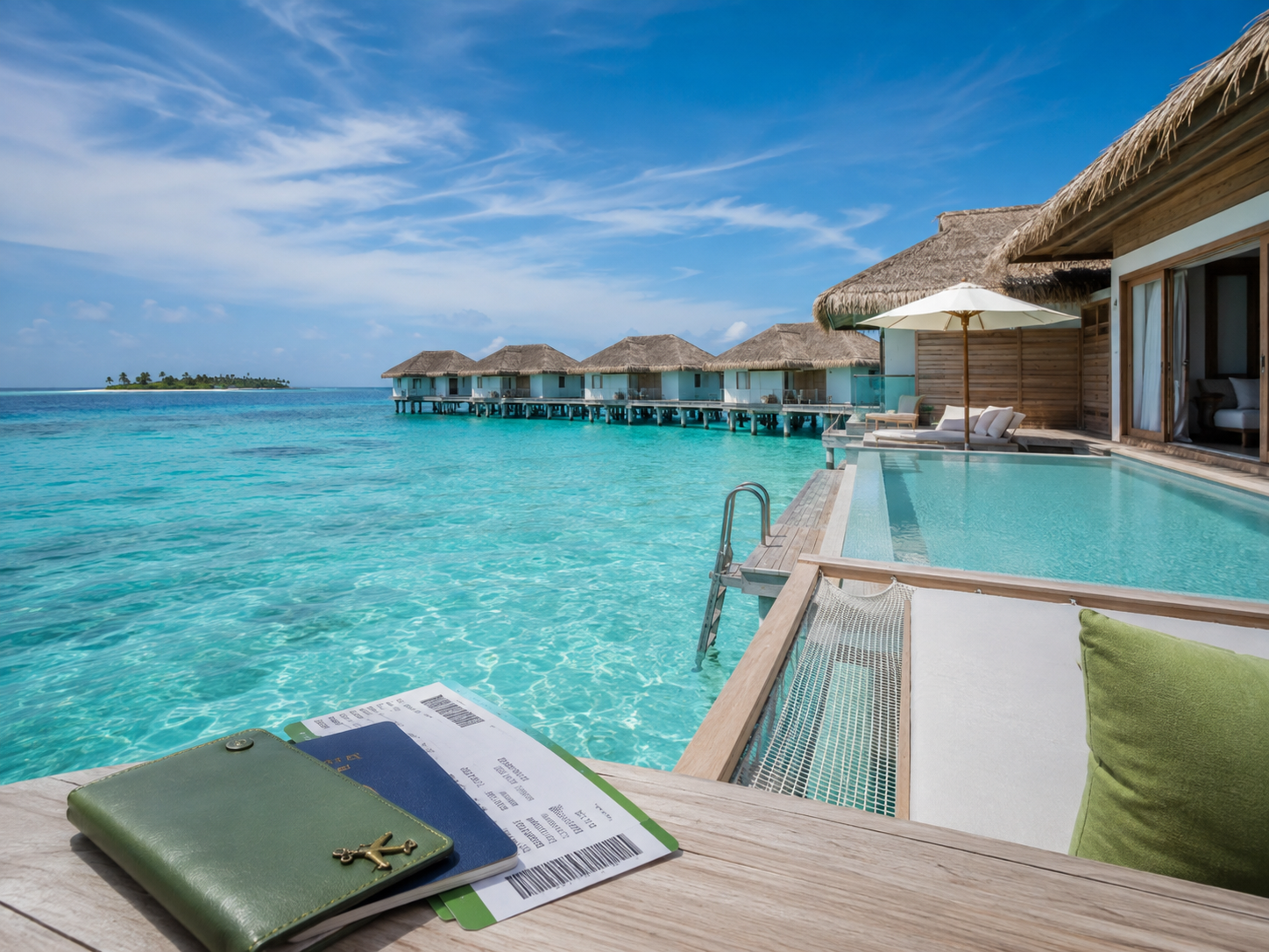 Maldives overwater villa and lagoon for a world tour visa destination