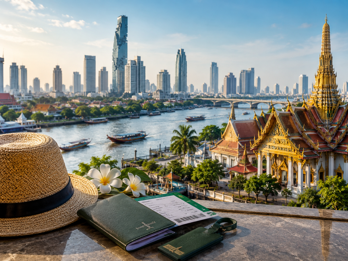 Bangkok temple and skyline for a Thailand stop on a world tour