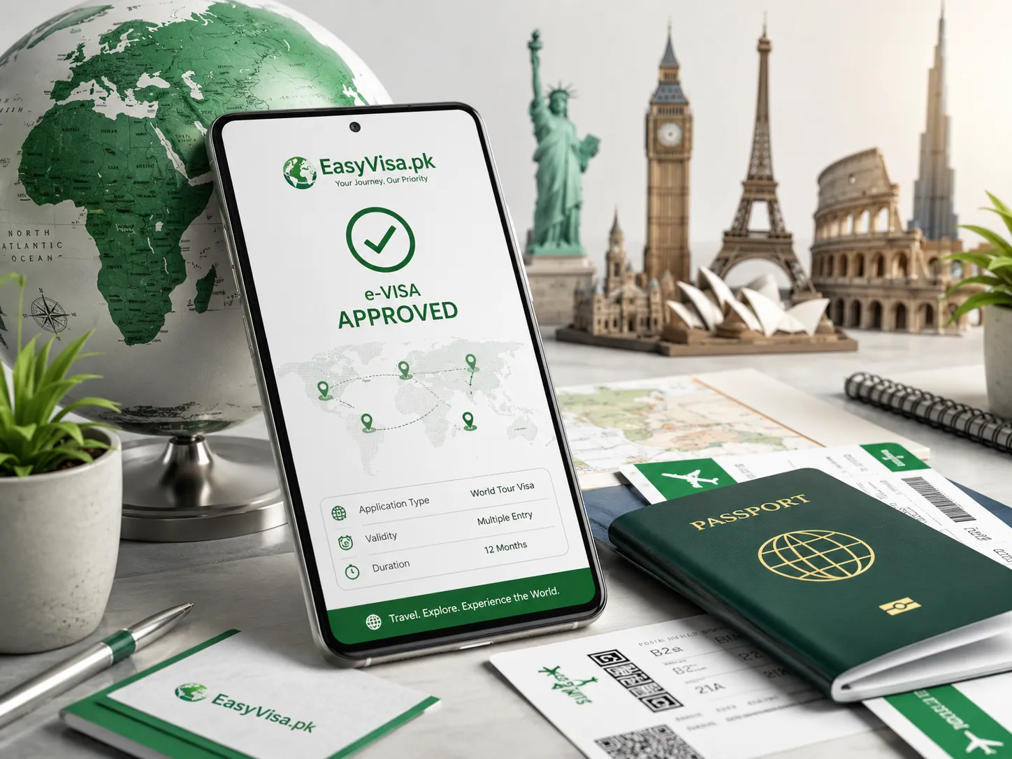 EasyVisa world tour visa approval on phone with passport, globe and global landmarks