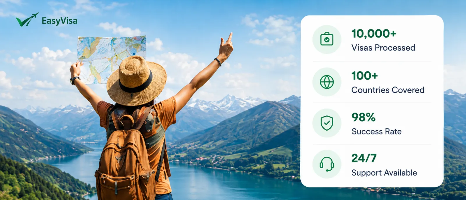 Traveler overlooking mountain lake with EasyVisa trust stats for visas processed, countries covered, success rate and support