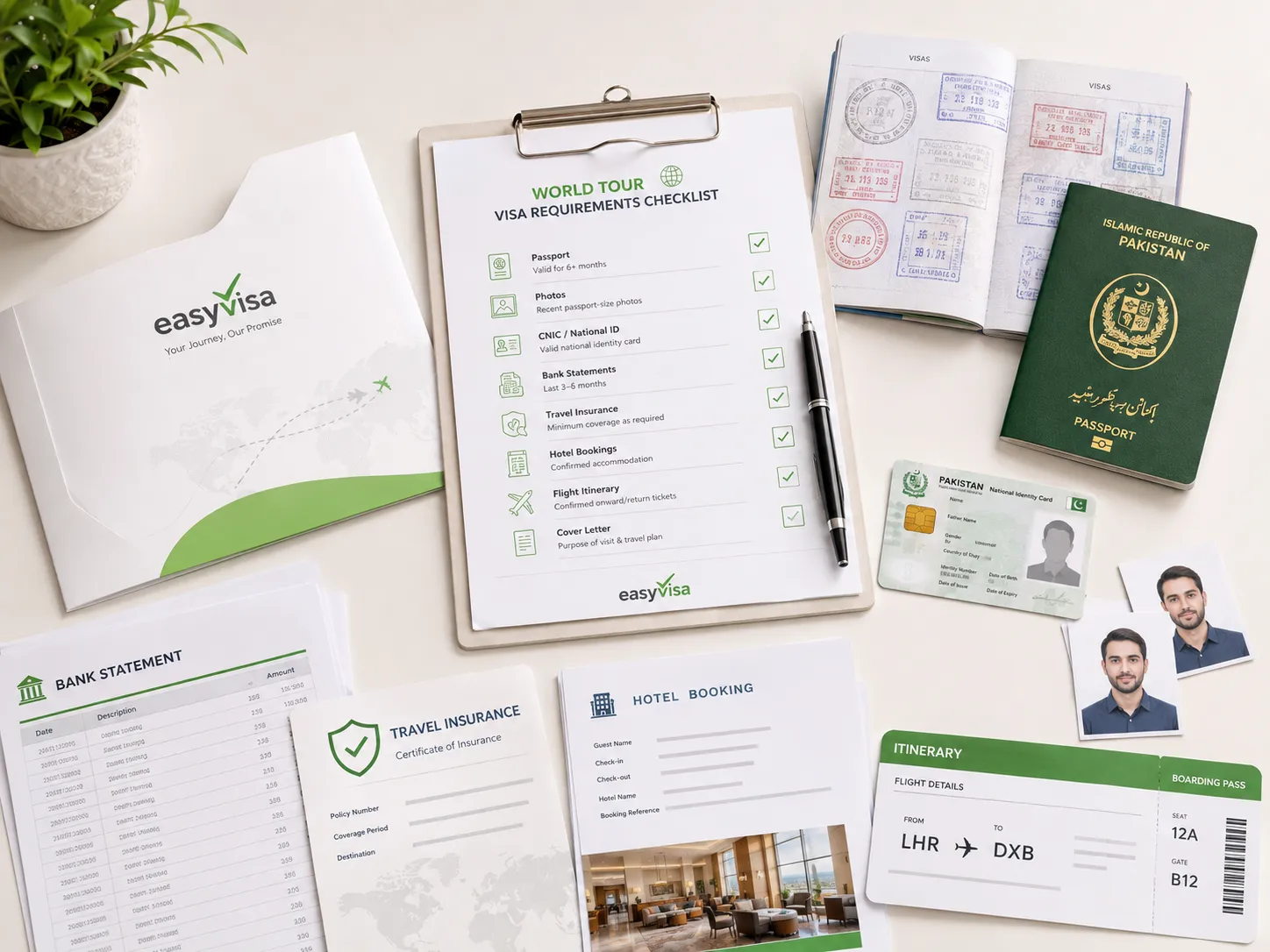 World Tour Visa requirements checklist with passport, CNIC, bank statement, insurance and travel documents